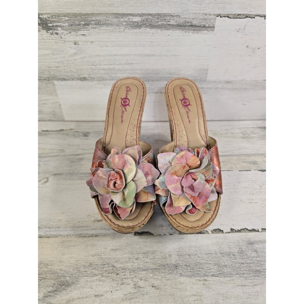 Born Crown Womens Multi Color Metallic Floral Cork Wedge Platform Sandals Slide